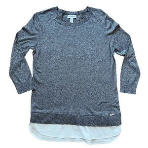 Calvin Klein Lightweight Sweater Top Size S Gray White 3/4 Sleeve Layered Look
